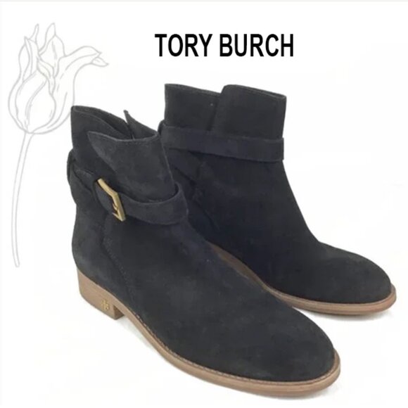 Tory Burch Brooke Black Suede Block Heel Ankle Boots Booties Shoes